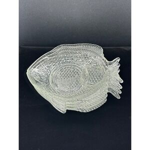 Set 4 Vintage Clear Glass Fish Shaped Appetizer Plates Embossed Scales Dipping
